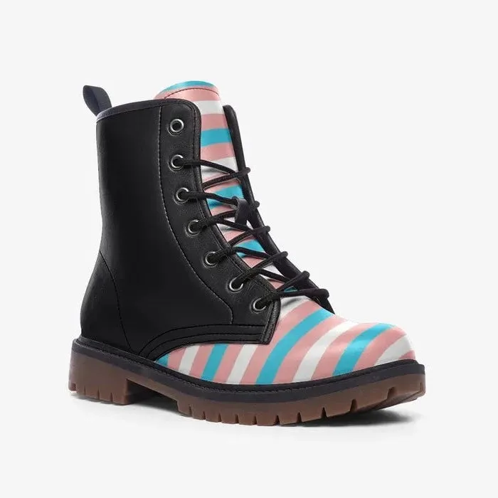 Blue Pink White Pride Candy Striped Black Vegan Leather 'DM Style Boots