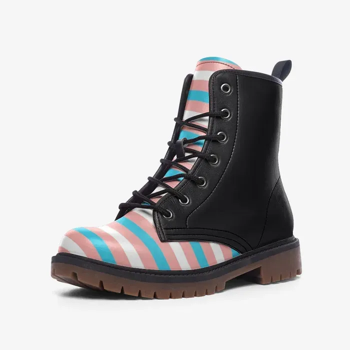 Blue Pink White Pride Candy Striped Black Vegan Leather 'DM Style Boots