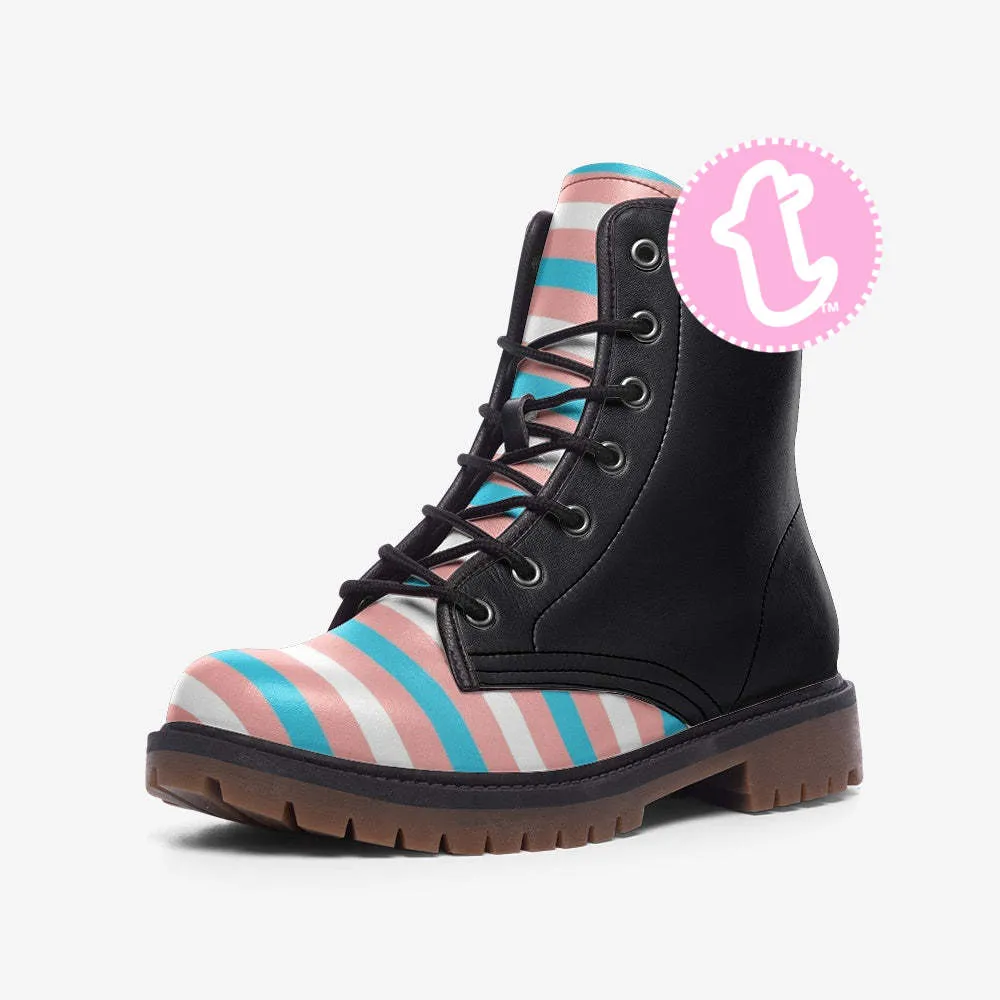 Blue Pink White Pride Candy Striped Black Vegan Leather 'DM Style Boots